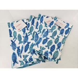 Cooks‎ Kitchen Towels blue white fish lot of 8 NEW nautical summer